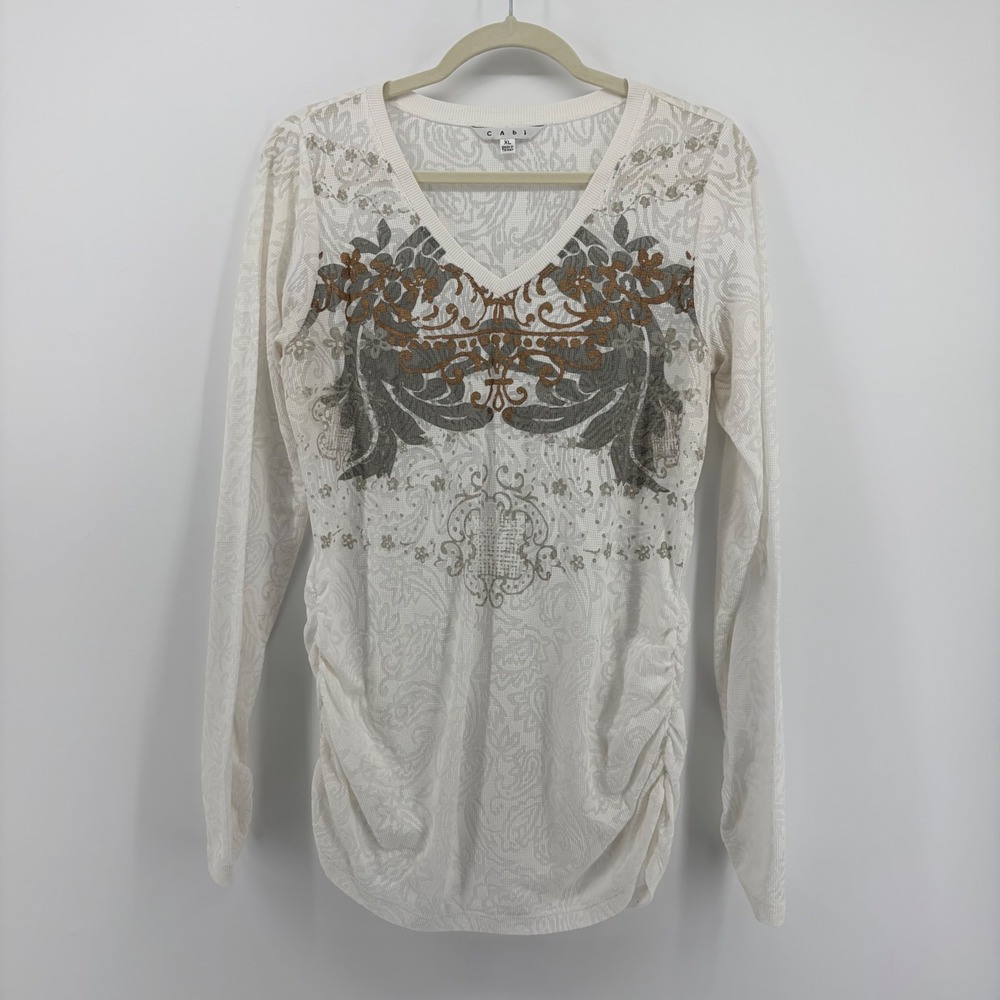 Cabi Womens XL Ivory Paisley Burnout V-Neck Ruched Thermal Graphic Top